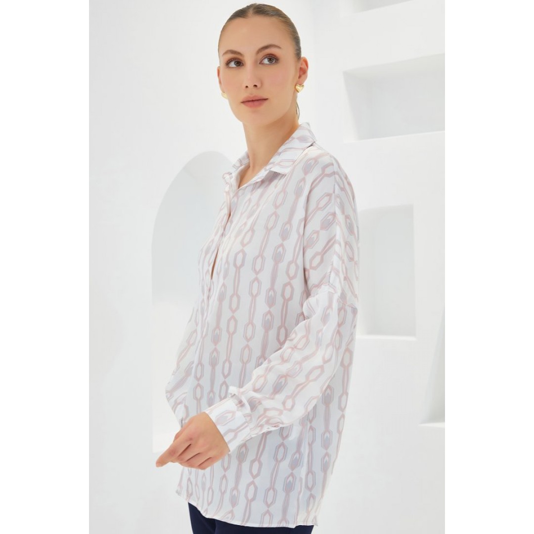 Pudra Beyaz Desenli Oversize Saten Gömlek 3985 145281 Pudra Beyaz Desenli Oversize Saten Gömlek 3985 145281