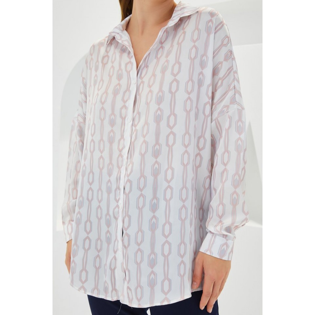 Pudra Beyaz Desenli Oversize Saten Gömlek 3985 145281 Pudra Beyaz Desenli Oversize Saten Gömlek 3985 145281