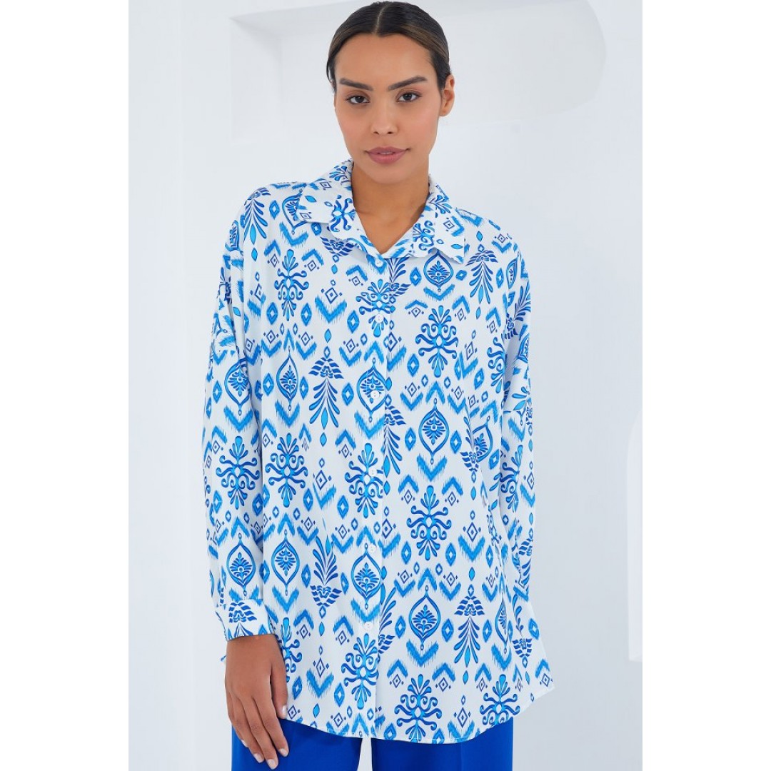 Mavi Beyaz Desenli Oversize Saten Gömlek 3985 145286 Mavi Beyaz Desenli Oversize Saten Gömlek 3985 145286
