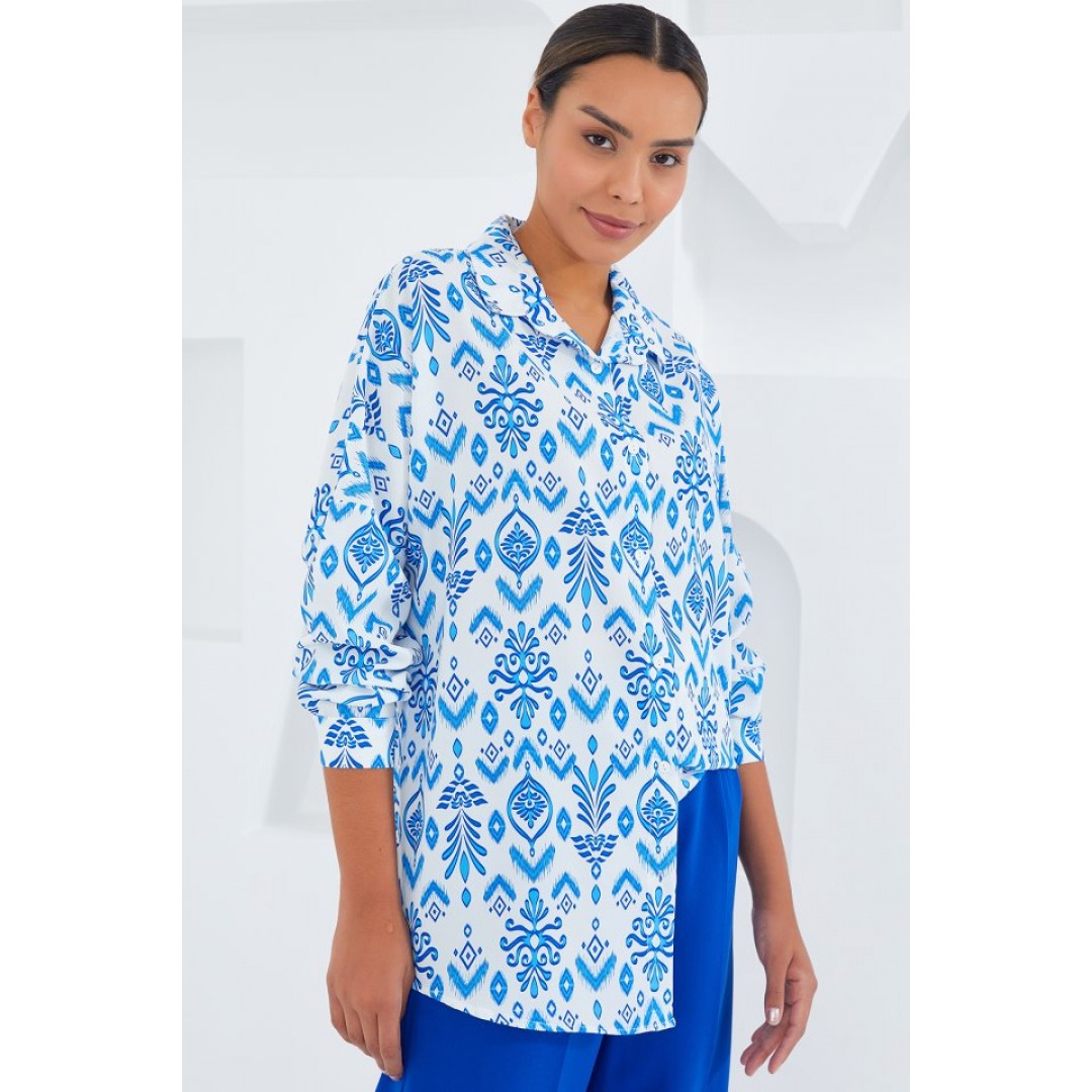 Mavi Beyaz Desenli Oversize Saten Gömlek 3985 145286 Mavi Beyaz Desenli Oversize Saten Gömlek 3985 145286