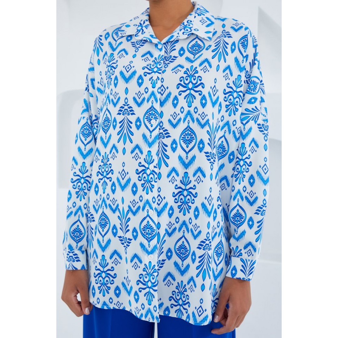 Mavi Beyaz Desenli Oversize Saten Gömlek 3985 145286 Mavi Beyaz Desenli Oversize Saten Gömlek 3985 145286