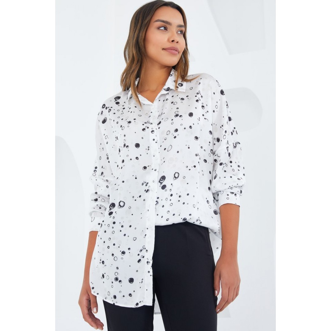 Siyah Beyaz Desenli Oversize Saten Gömlek 3985