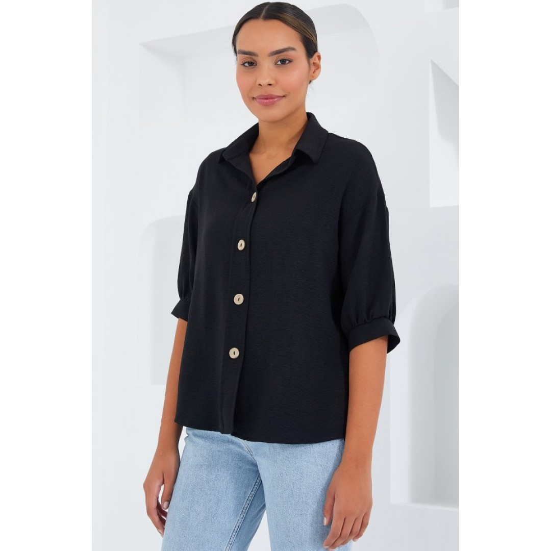 Siyah Kısa Kol Oversize Keten Gömlek 20240 145295 Siyah Kısa Kol Oversize Keten Gömlek 20240 145295