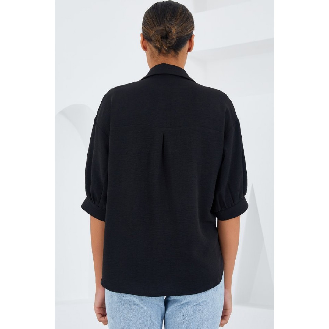 Siyah Kısa Kol Oversize Keten Gömlek 20240 145295 Siyah Kısa Kol Oversize Keten Gömlek 20240 145295