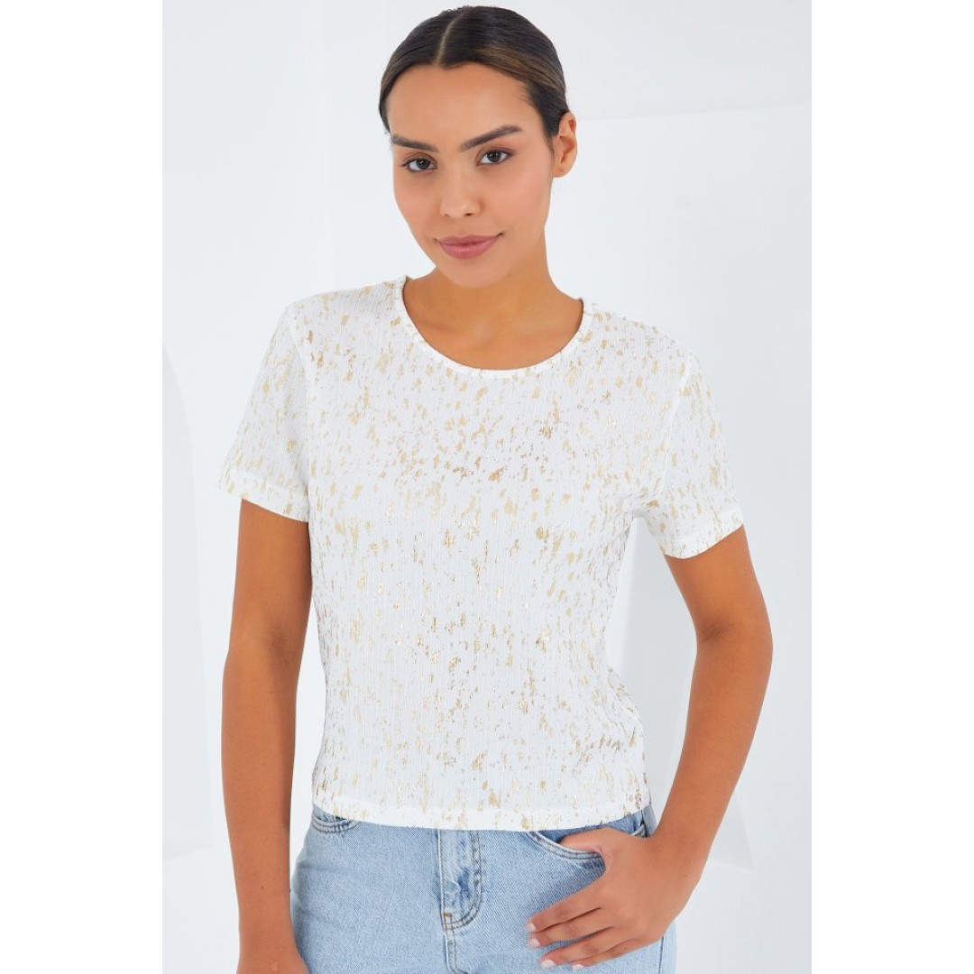 Ekru Varaklı Basic Tişört 909 - 145303