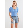 4316 Fermuarlı Örme Bluz - Mavi 145371