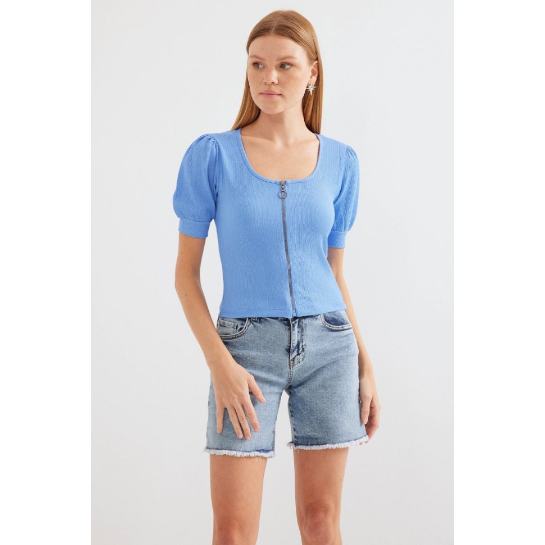 4316 Fermuarlı Örme Bluz - Mavi 145371