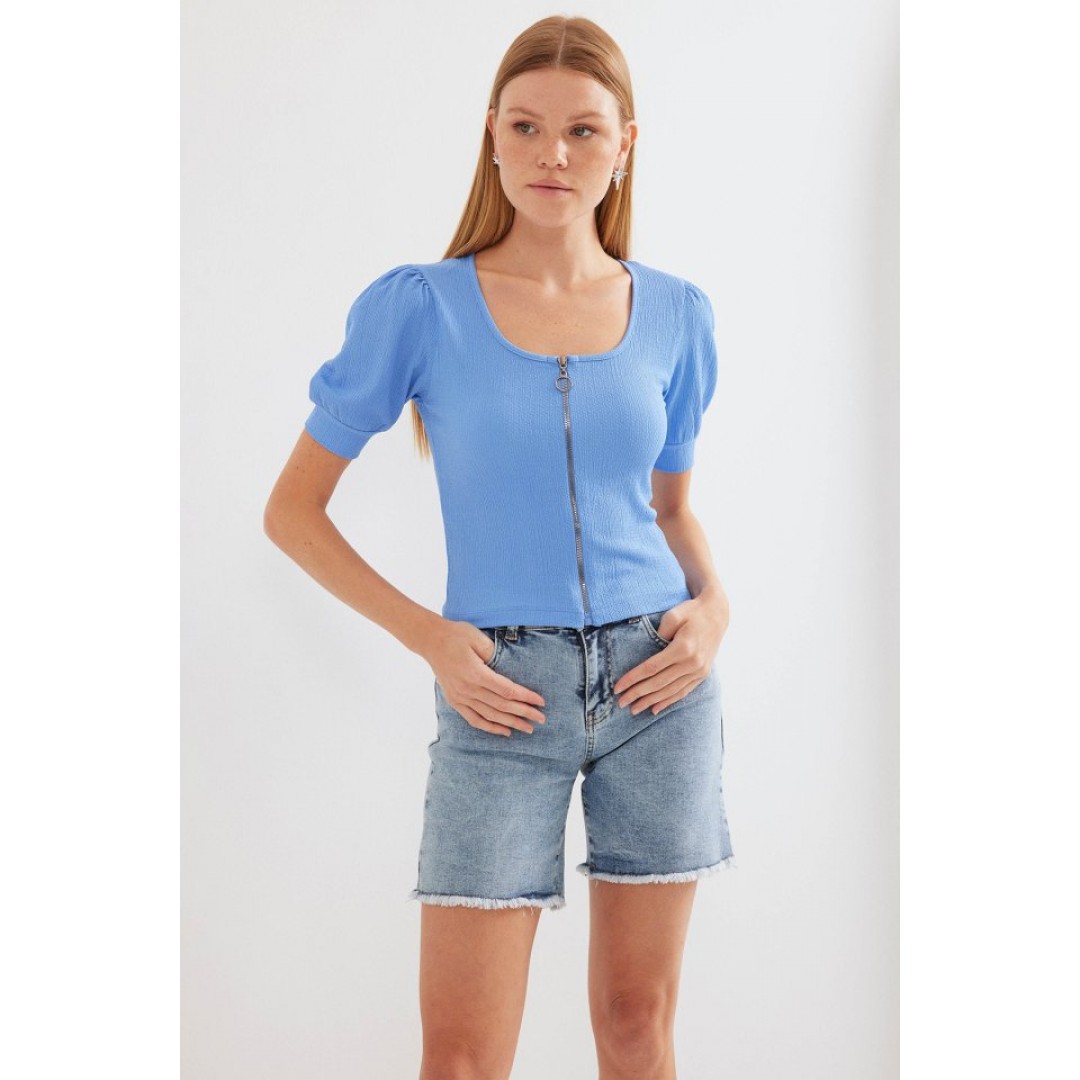 4316 Fermuarlı Örme Bluz - Mavi 145371