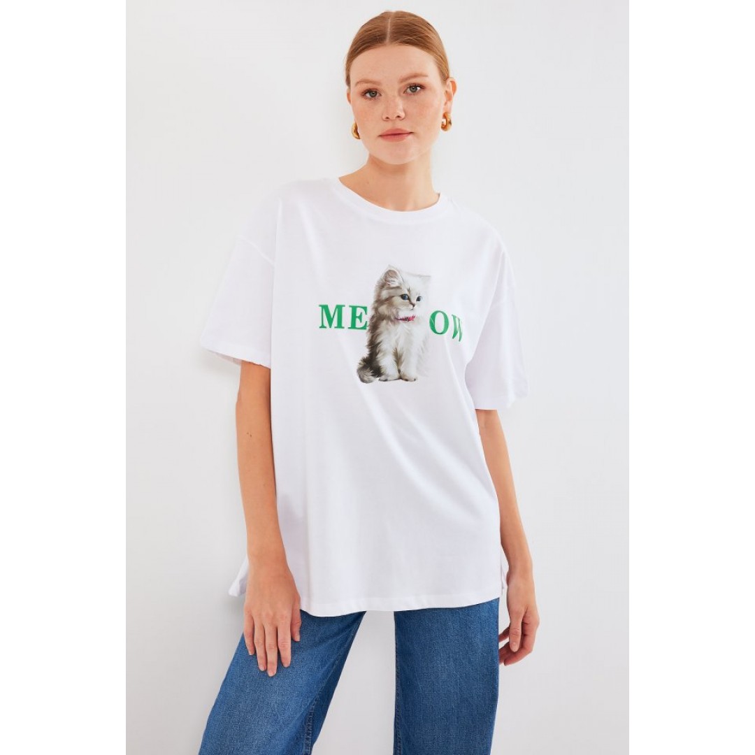 4319 Baskılı Oversize Tişört - Beyaz - 145402
