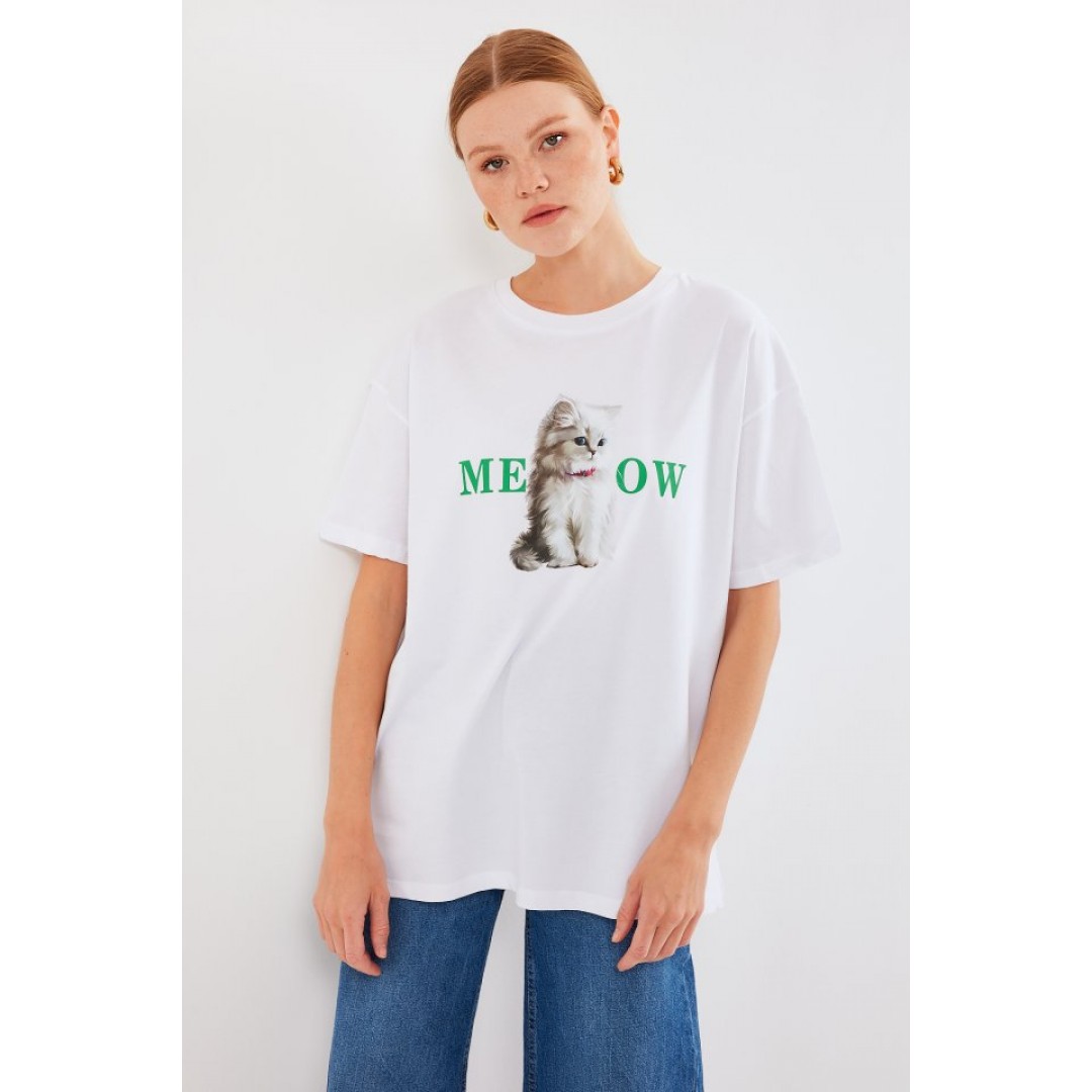 4319 Baskılı Oversize Tişört - Beyaz - 145402
