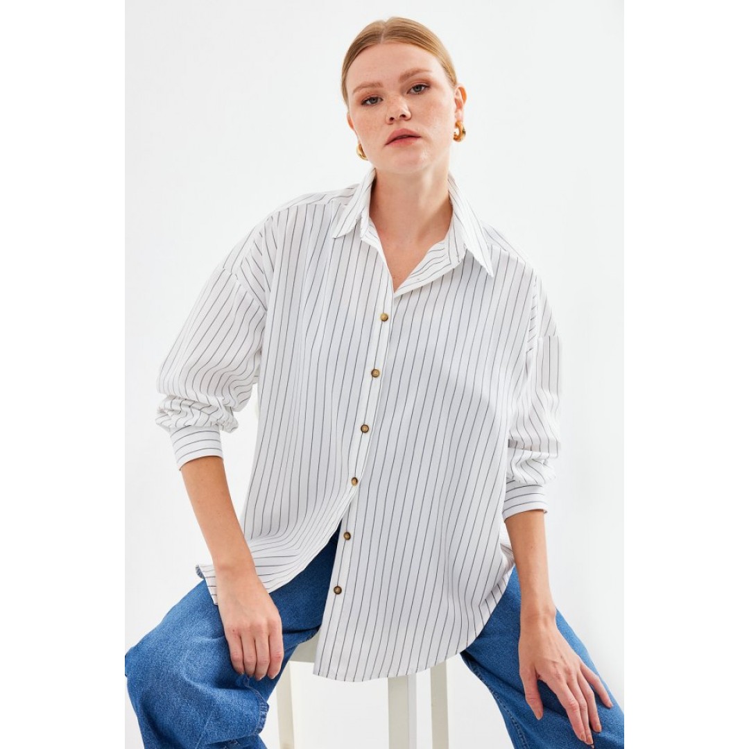 20208 Çizgili Oversize Uzun Basic Gömlek - Beyaz