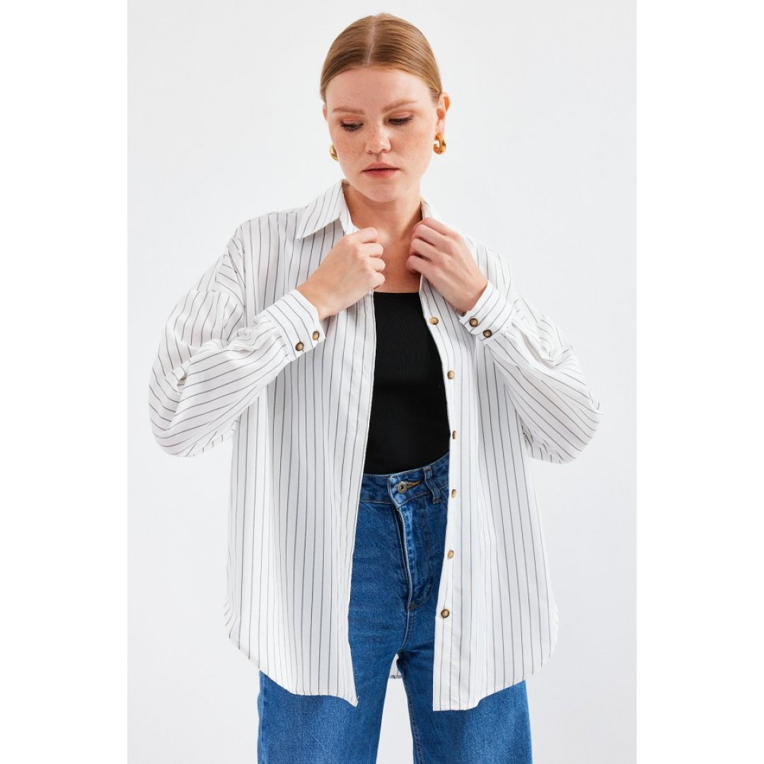 20208 Çizgili Oversize Uzun Basic Gömlek - Beyaz 145411 20208 Çizgili Oversize Uzun Basic Gömlek - Beyaz 145411