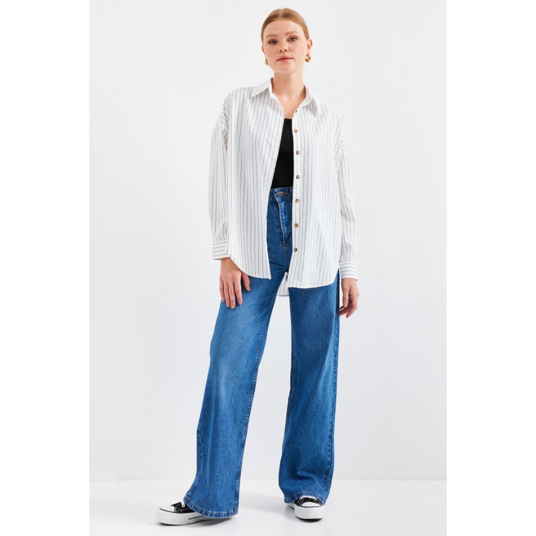 20208 Çizgili Oversize Uzun Basic Gömlek - Beyaz 145411 20208 Çizgili Oversize Uzun Basic Gömlek - Beyaz 145411