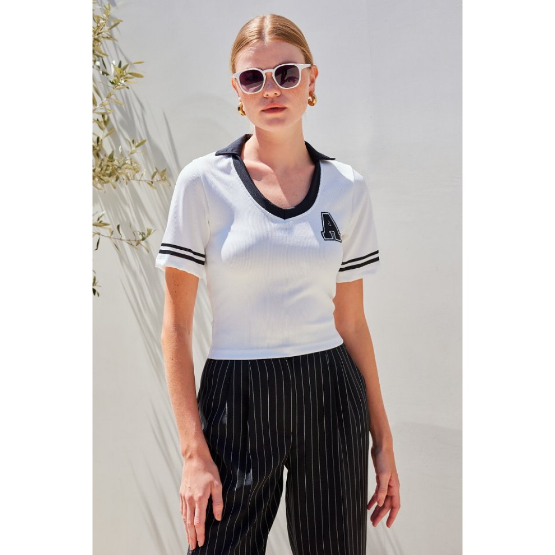 4320 Polo Yaka Basic Triko Bluz - Beyaz 145427 4320 Polo Yaka Basic Triko Bluz - Beyaz 145427