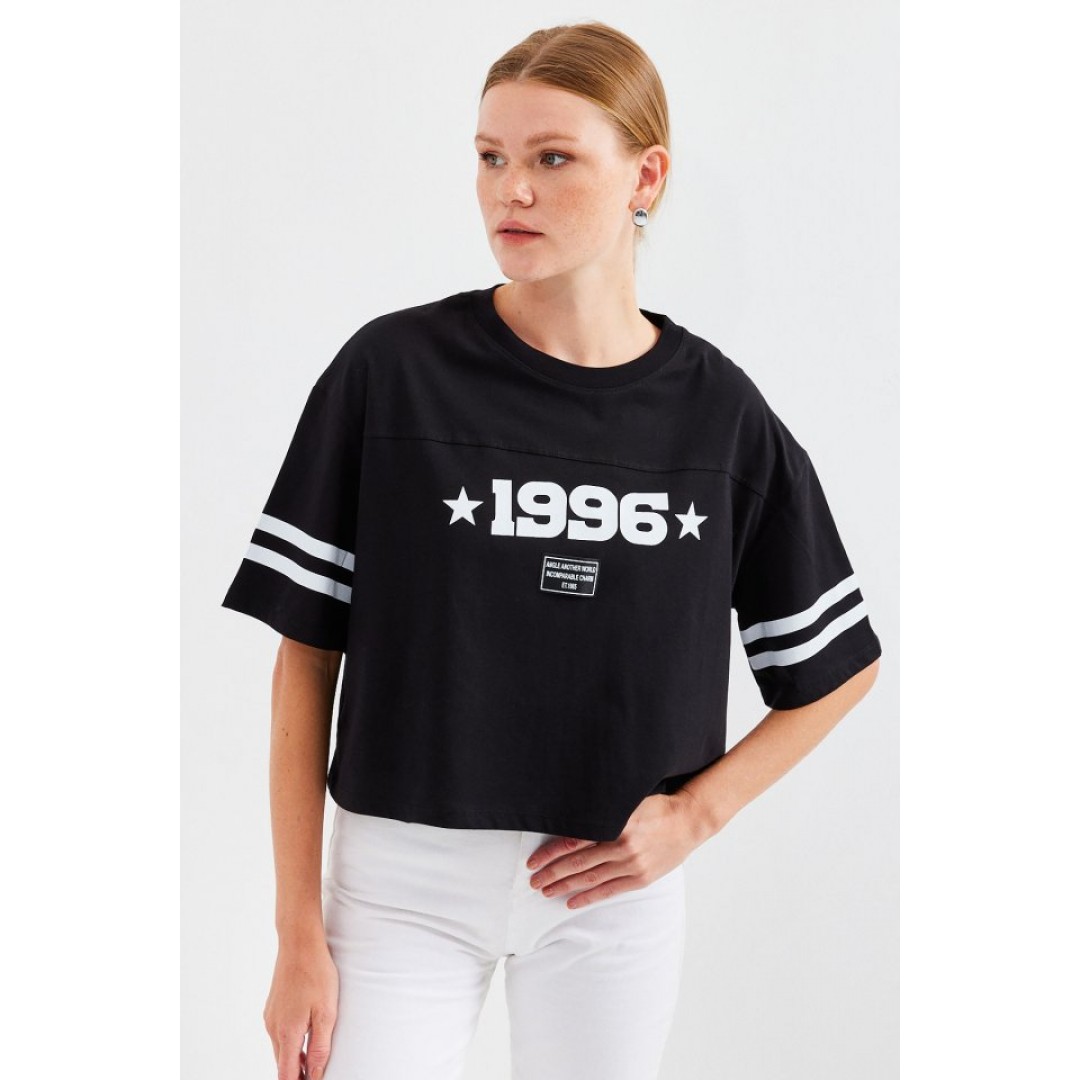 4322 Baskılı Oversize Basic Tişört - Siyah - 145428