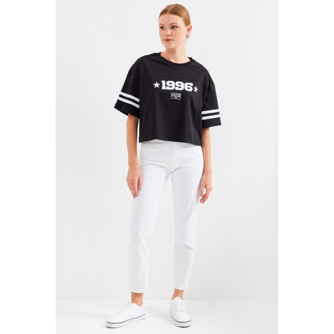 4322 Baskılı Oversize Basic Tişört - Siyah - 145428