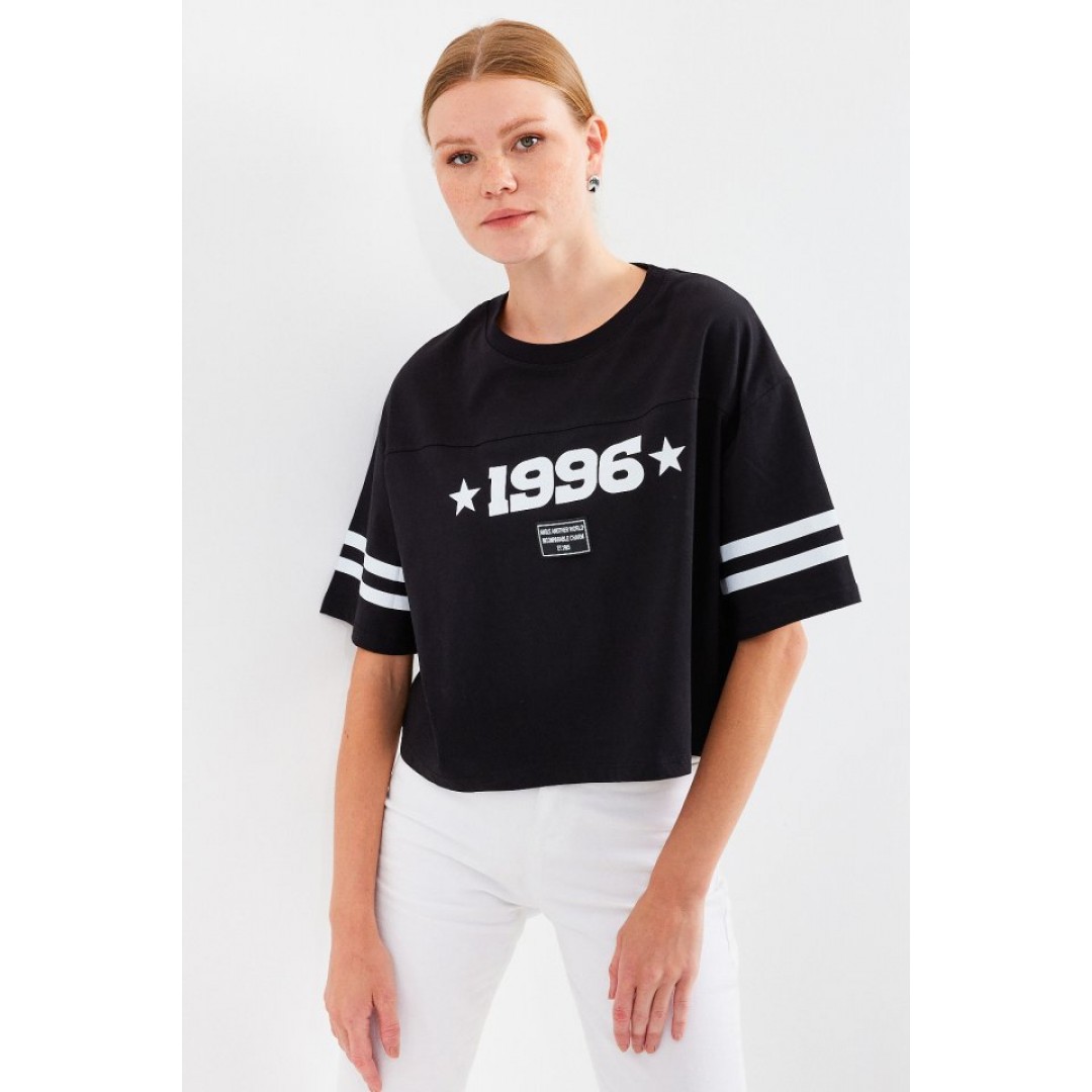 4322 Baskılı Oversize Basic Tişört - Siyah - 145428