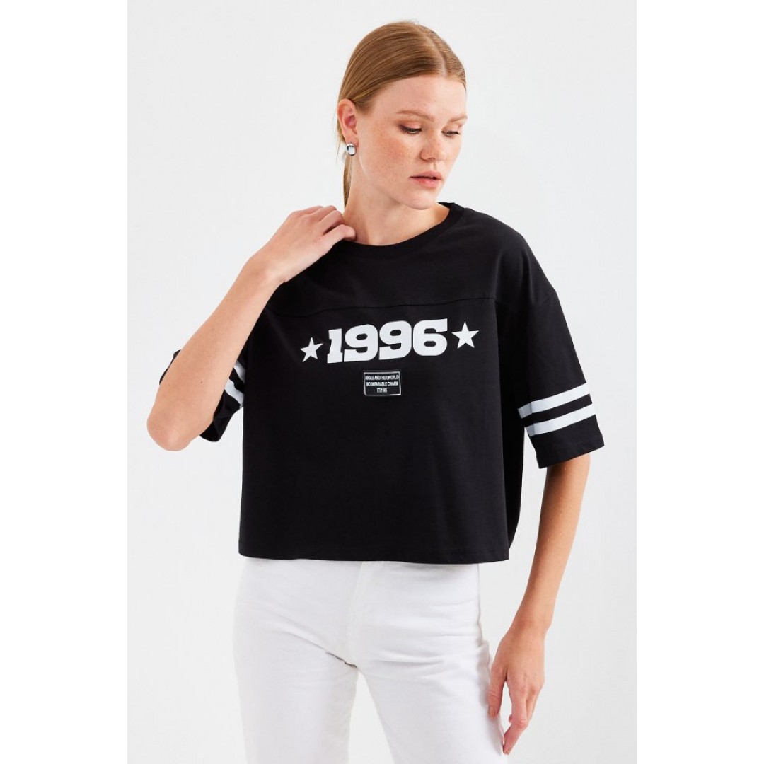 4322 Baskılı Oversize Basic Tişört - Siyah - 145428
