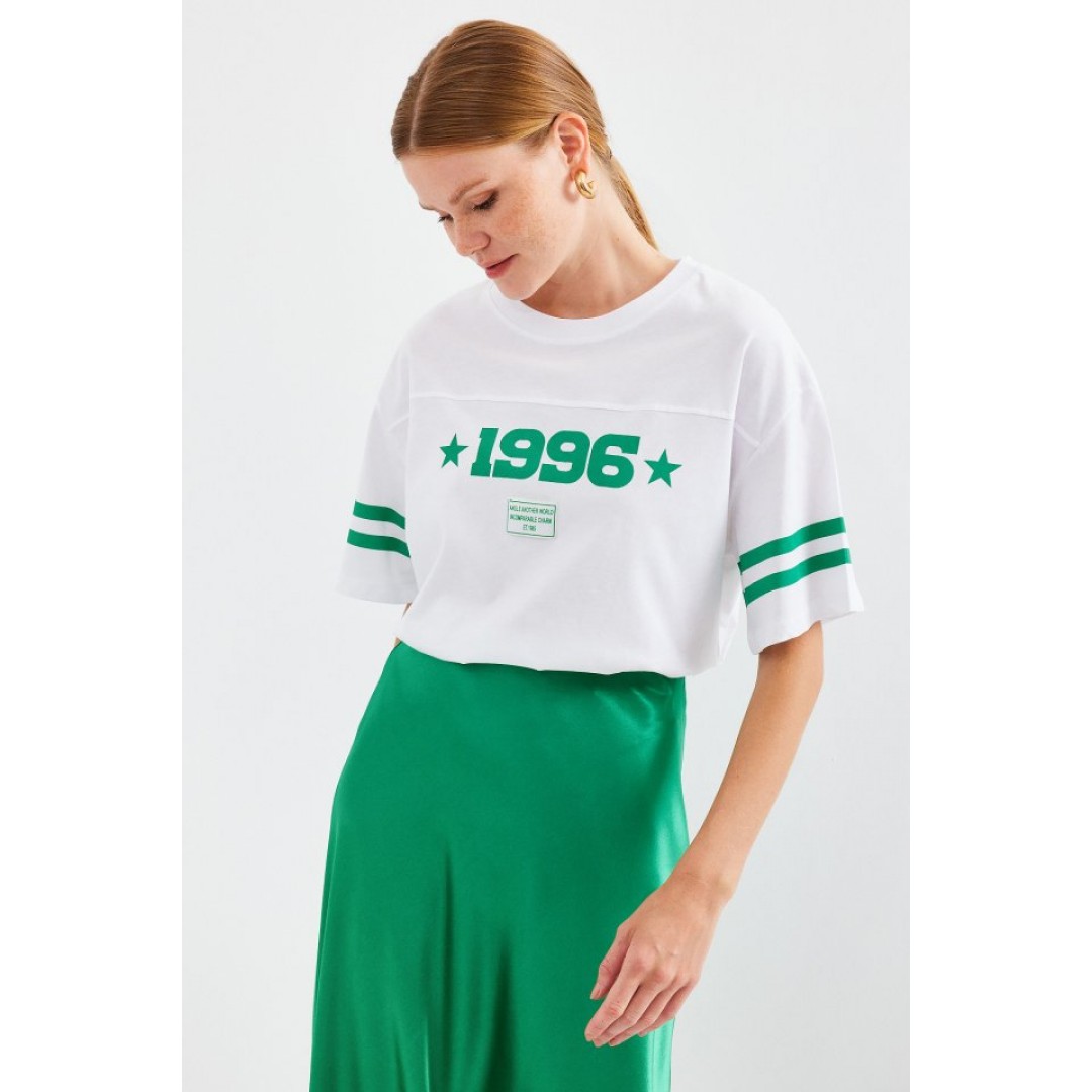 4322 Baskılı Oversize Basic Tişört - Beyaz - 145429