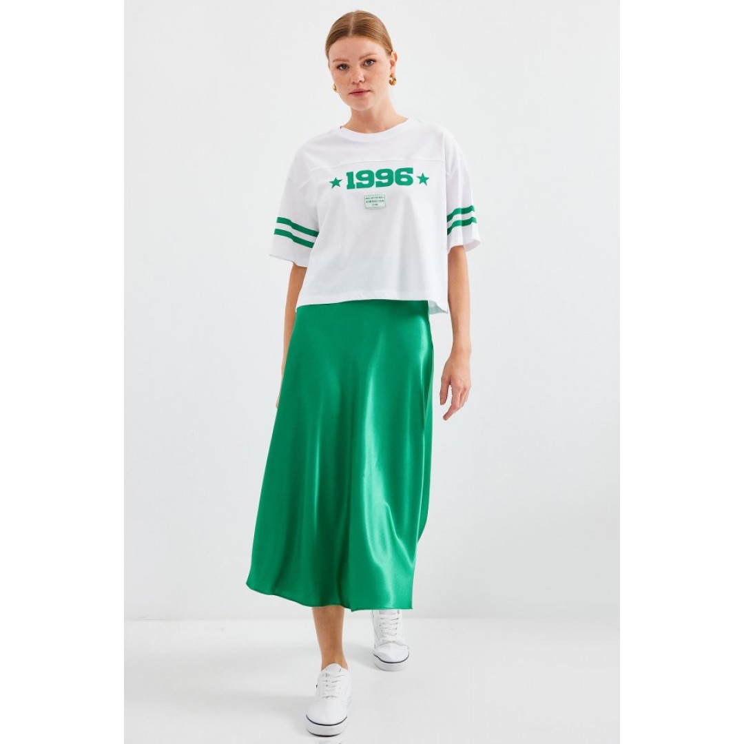 4322 Baskılı Oversize Basic Tişört - Beyaz - 145429