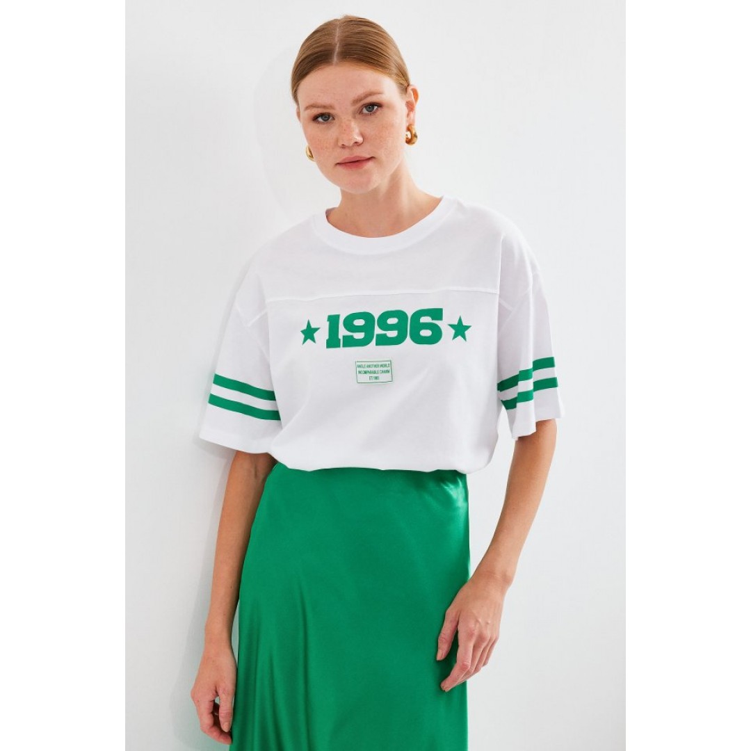 4322 Baskılı Oversize Basic Tişört - Beyaz - 145429