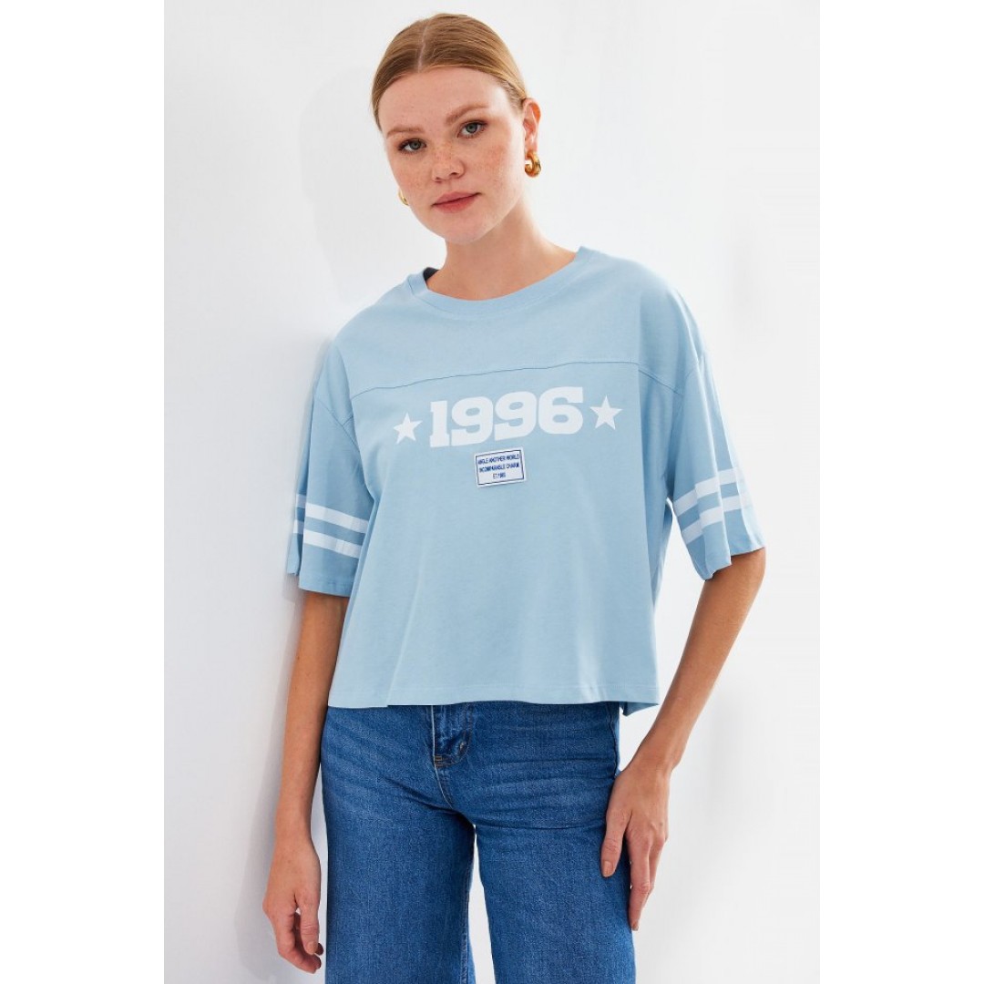4322 Baskılı Oversize Basic Tişört - Mavi - 145430