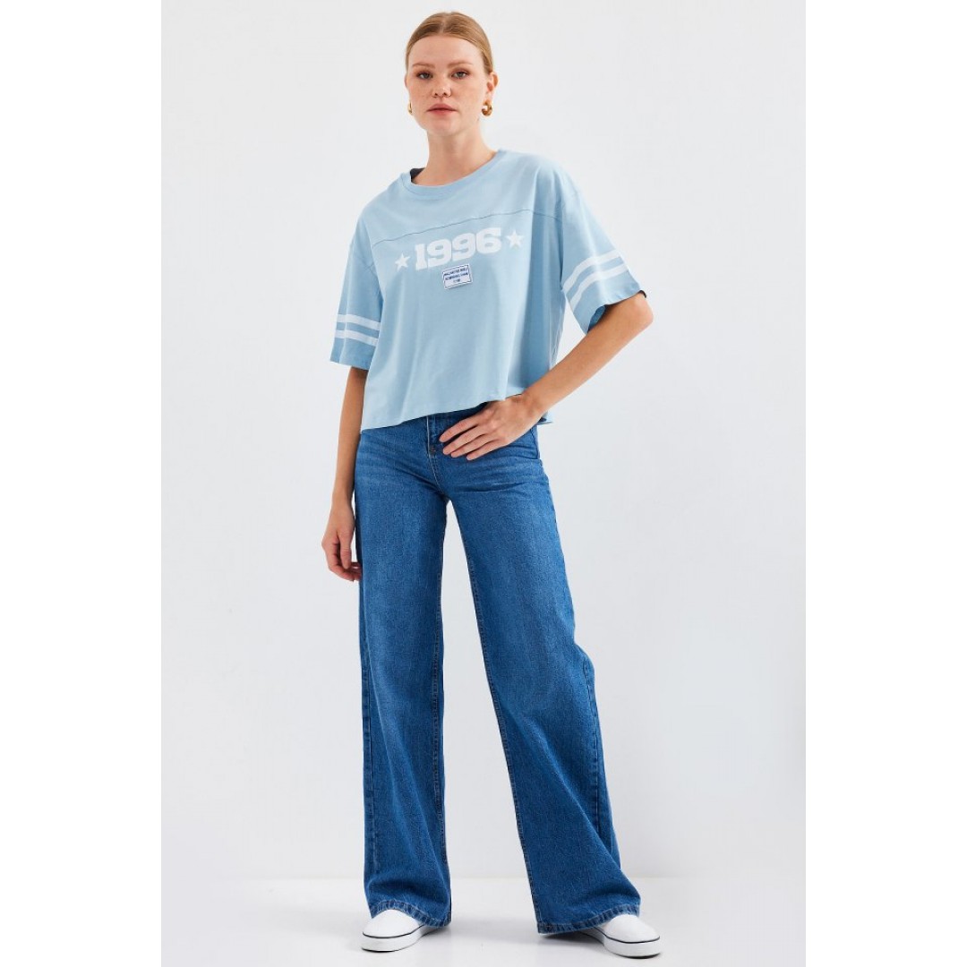4322 Baskılı Oversize Basic Tişört - Mavi - 145430