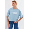 4322 Baskılı Oversize Basic Tişört - Mavi - 145430