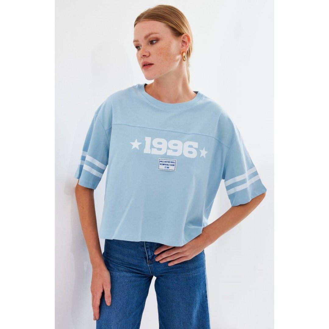 4322 Baskılı Oversize Basic Tişört - Mavi - 145430