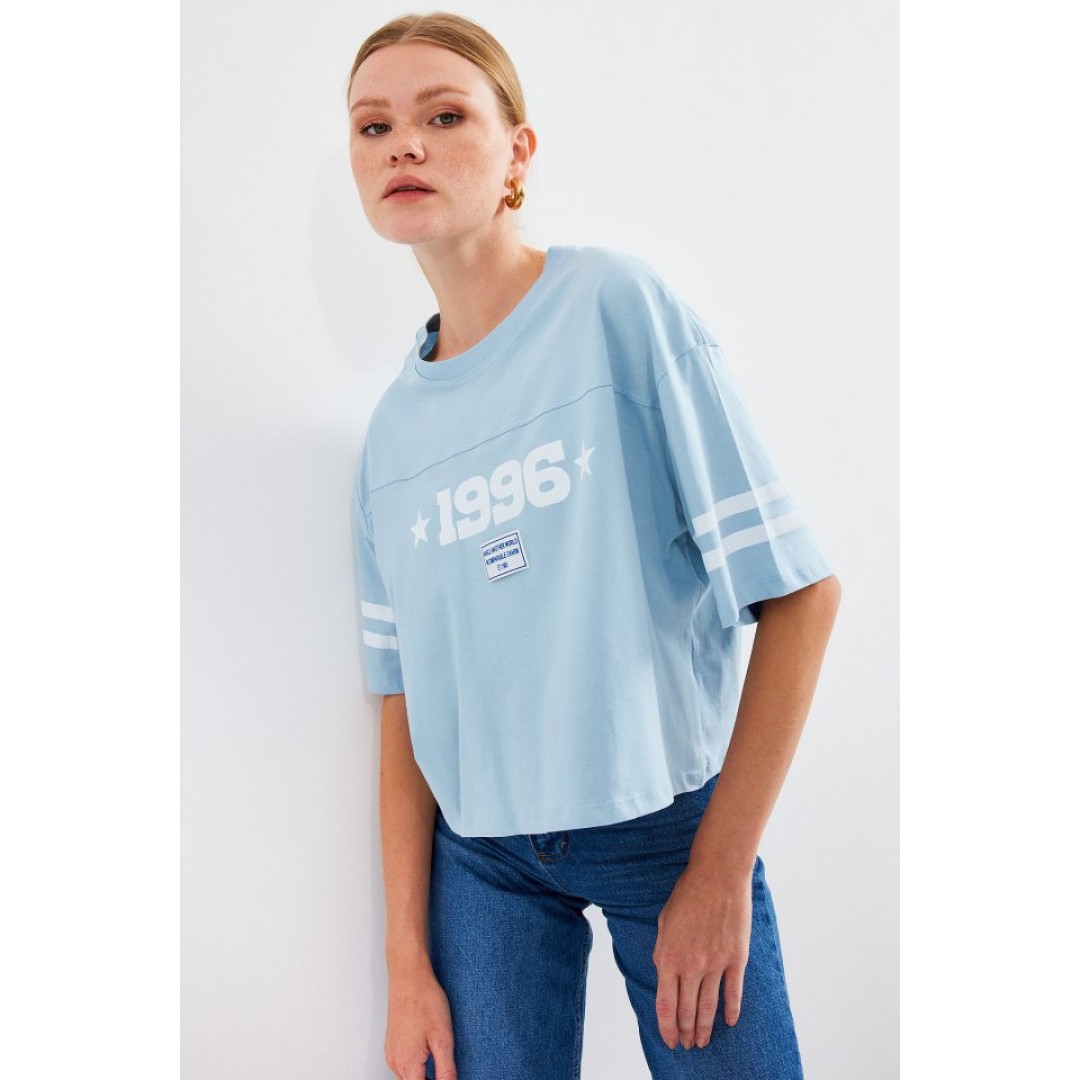 4322 Baskılı Oversize Basic Tişört - Mavi - 145430
