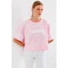 4322 Baskılı Oversize Basic Tişört - Pembe - 145431