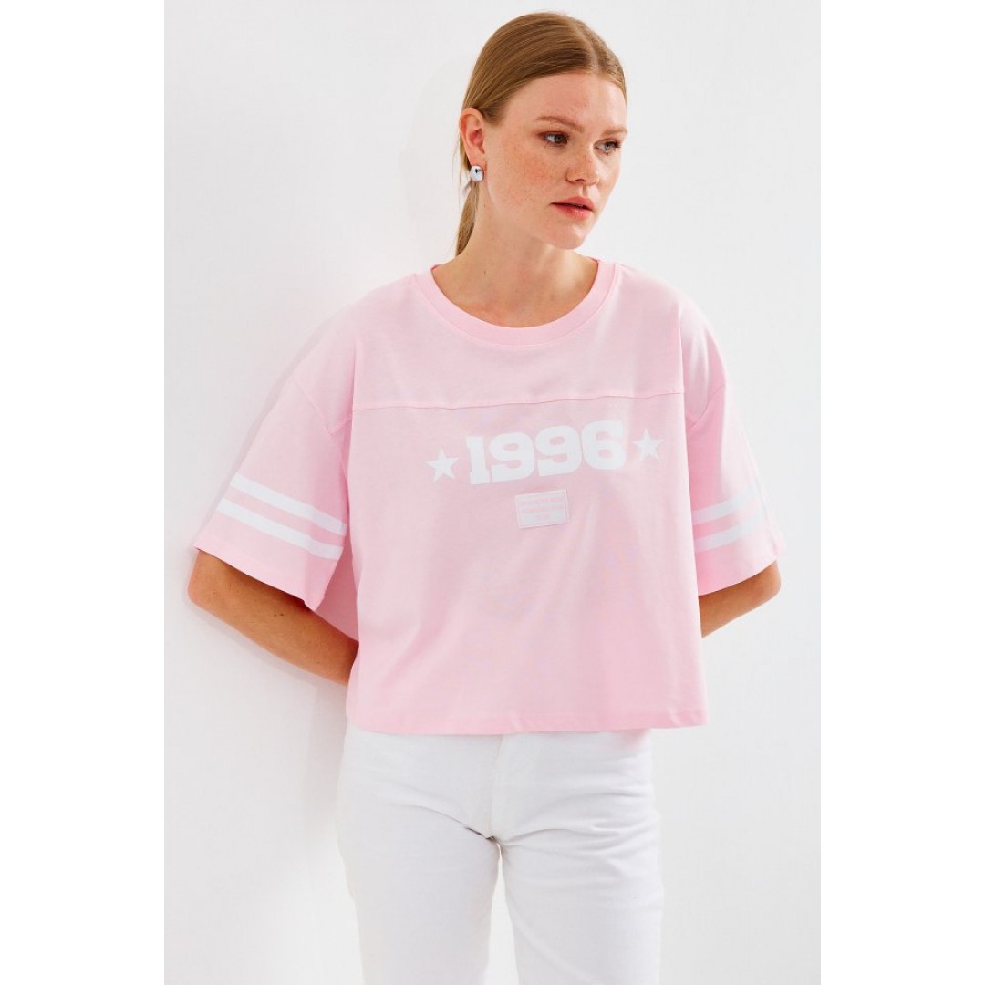 4322 Baskılı Oversize Basic Tişört - Pembe - 145431