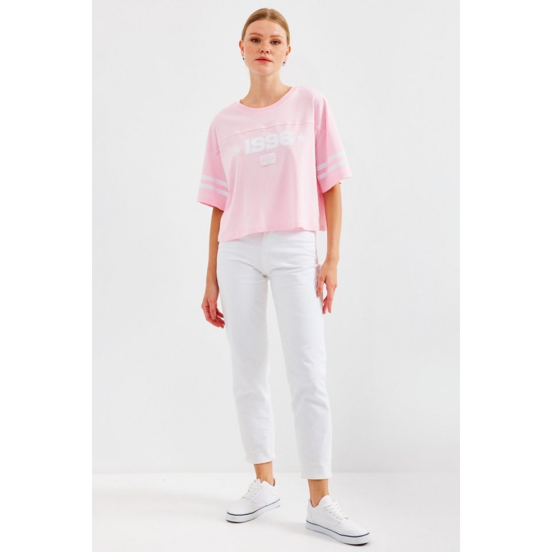 4322 Baskılı Oversize Basic Tişört - Pembe - 145431