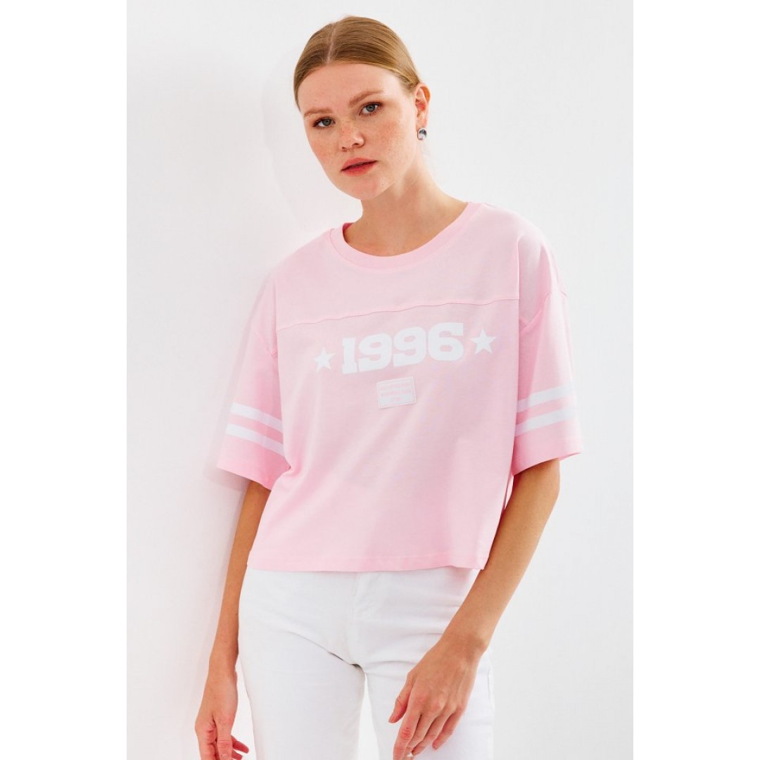 4322 Baskılı Oversize Basic Tişört - Pembe - 145431