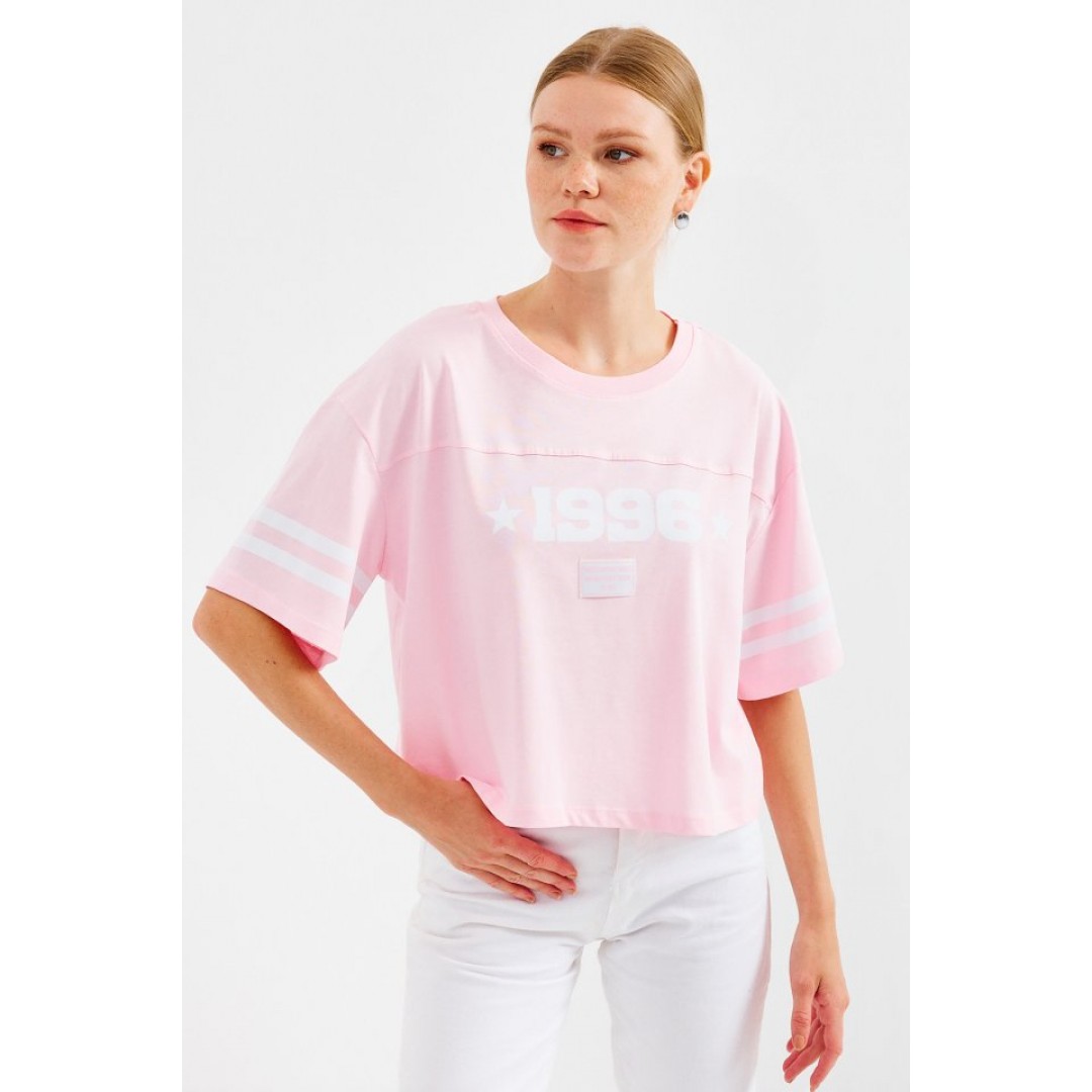 4322 Baskılı Oversize Basic Tişört - Pembe - 145431