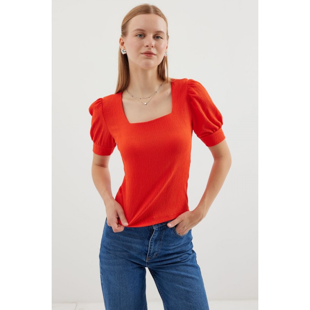 0409 Kare Yaka Örme Bluz - Oranje