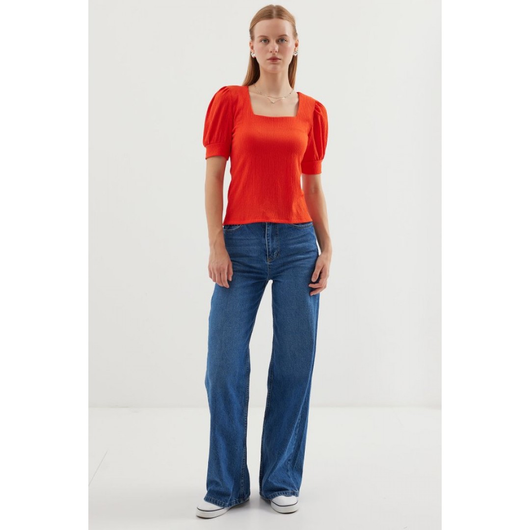 0409 Kare Yaka Örme Bluz - Oranje 145499 0409 Kare Yaka Örme Bluz - Oranje 145499
