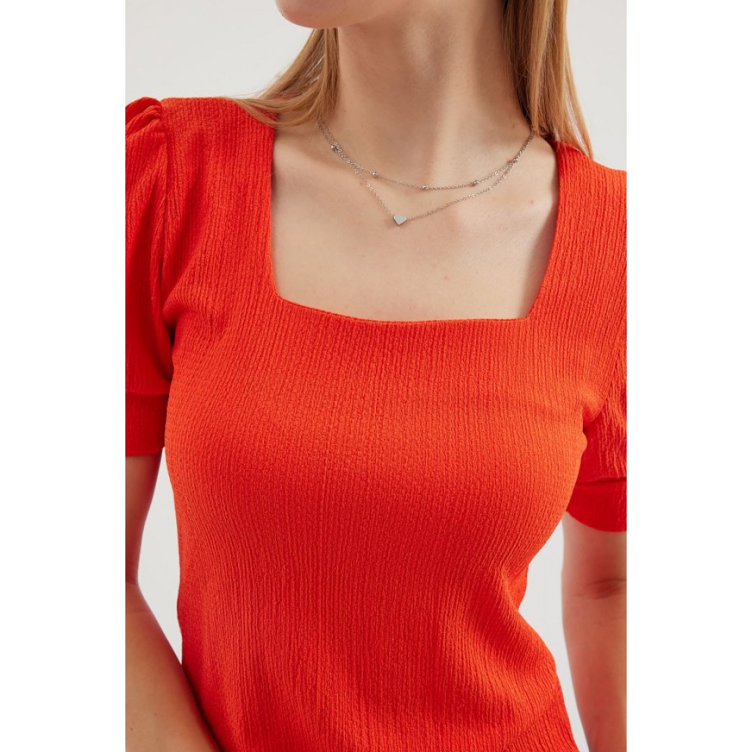 0409 Kare Yaka Örme Bluz - Oranje 145499 0409 Kare Yaka Örme Bluz - Oranje 145499