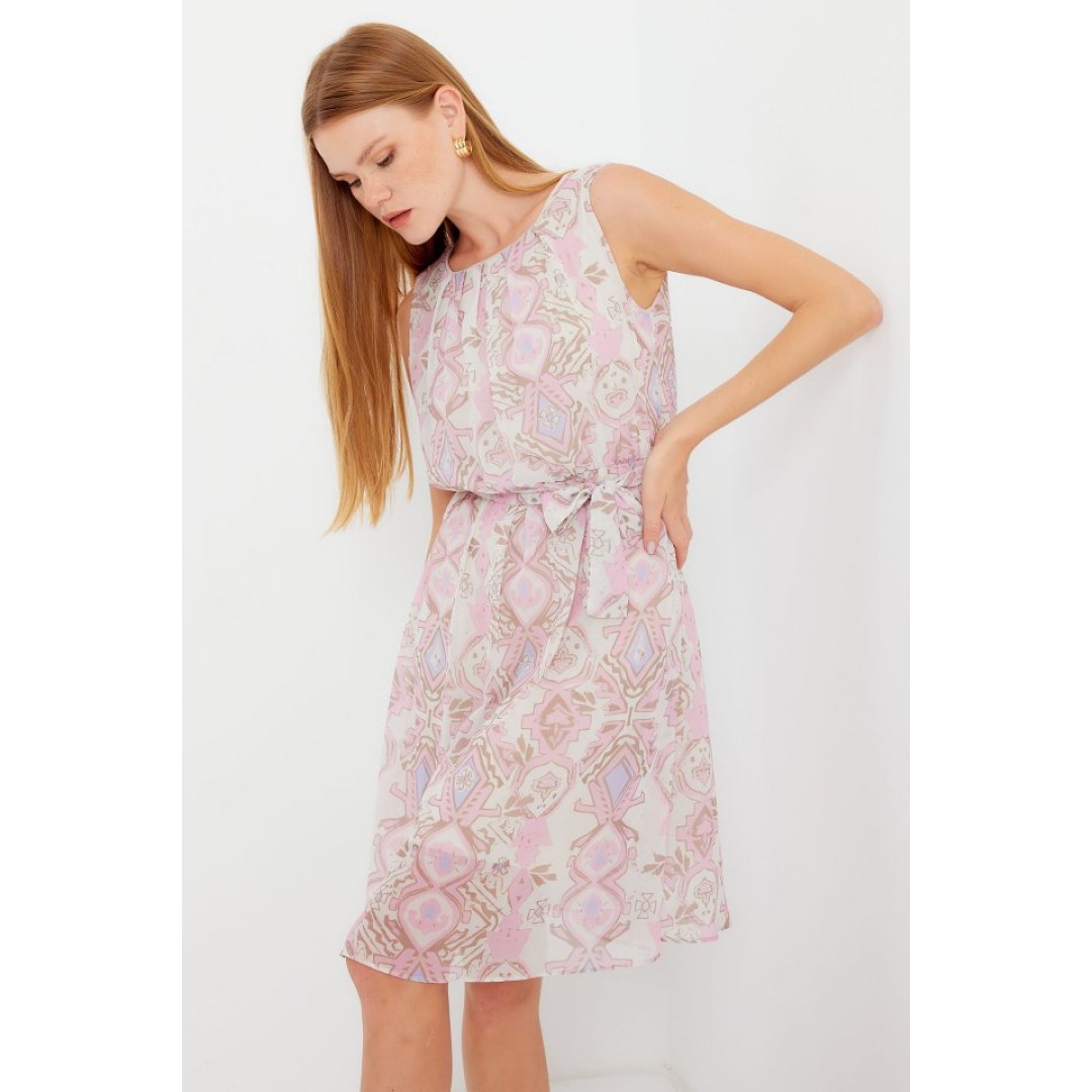 2501 Desenli Sıfır Kol Şifon Elbise - Pembe 145503