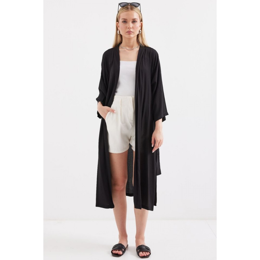 5835 Yırtmaçlı Yazlık Kimono - Siyah - 145507