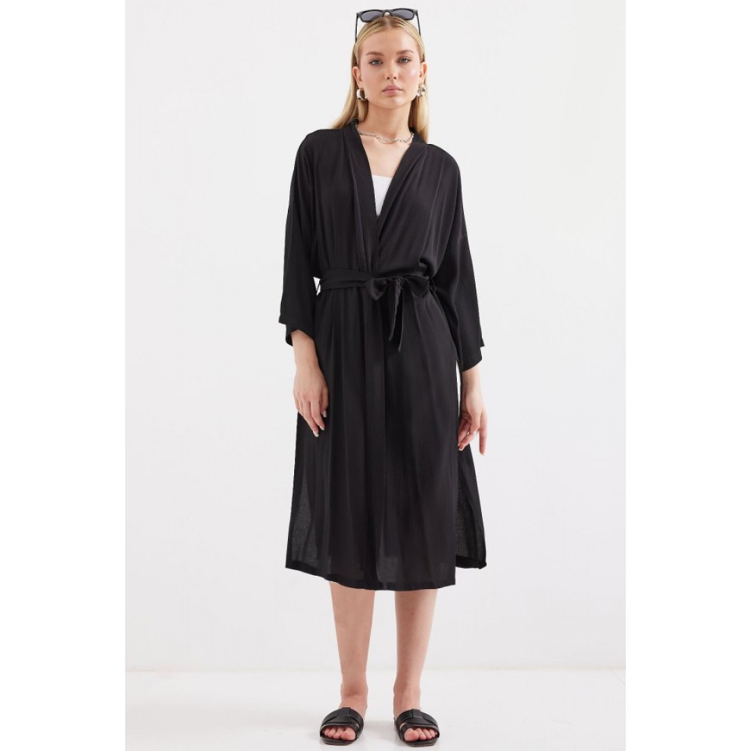 5835 Yırtmaçlı Yazlık Kimono - Siyah - 145507