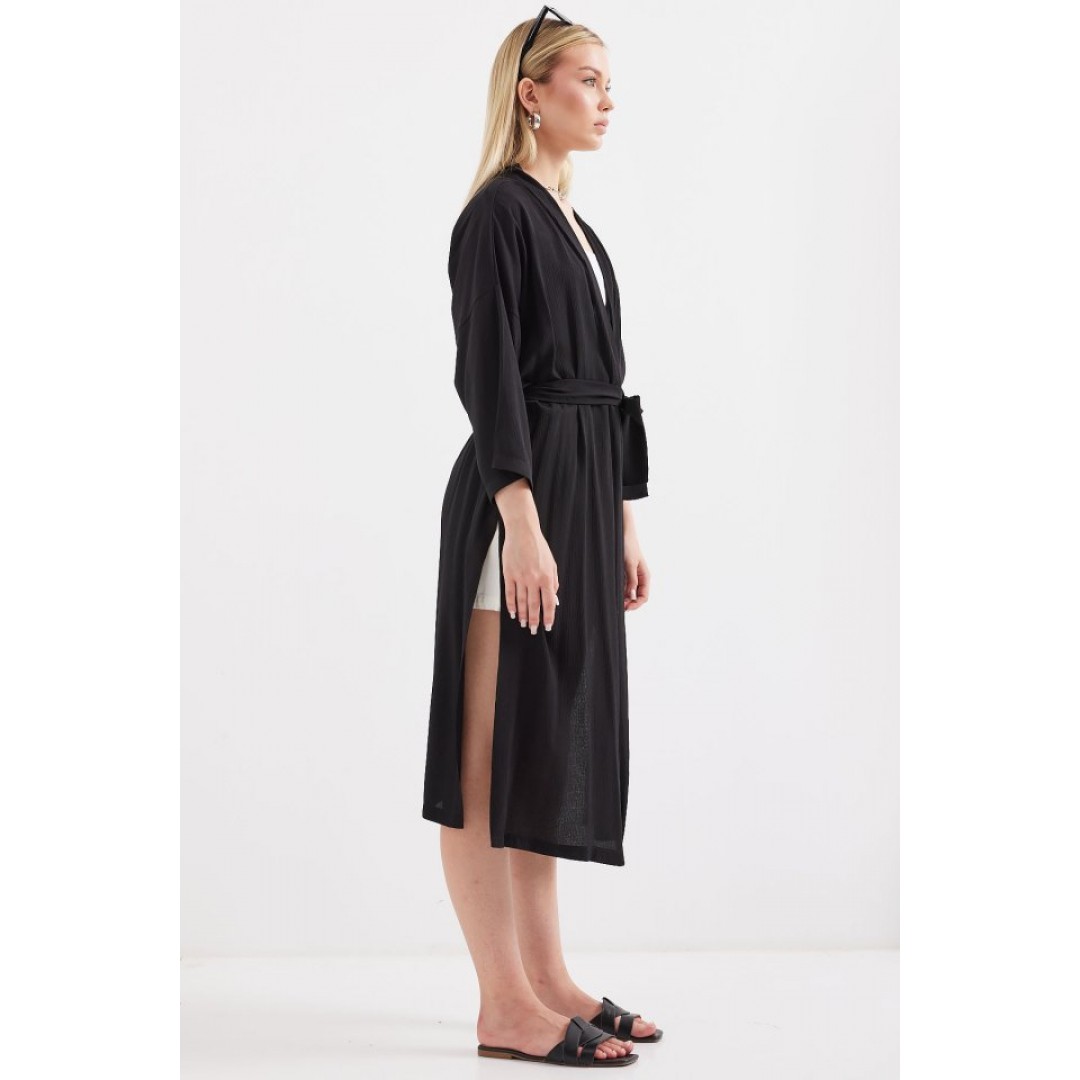 5835 Yırtmaçlı Yazlık Kimono - Siyah - 145507