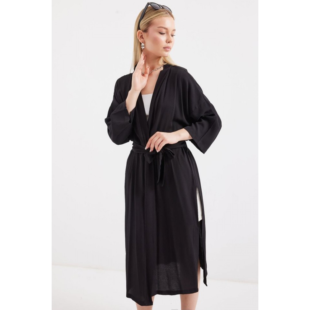 5835 Yırtmaçlı Yazlık Kimono - Siyah - 145507