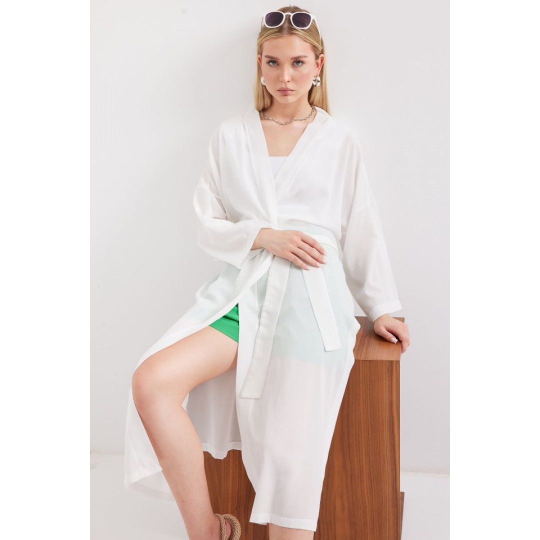 5835 Yırtmaçlı Yazlık Kimono - Beyaz - 145508 5835 Yırtmaçlı Yazlık Kimono - Beyaz - 145508