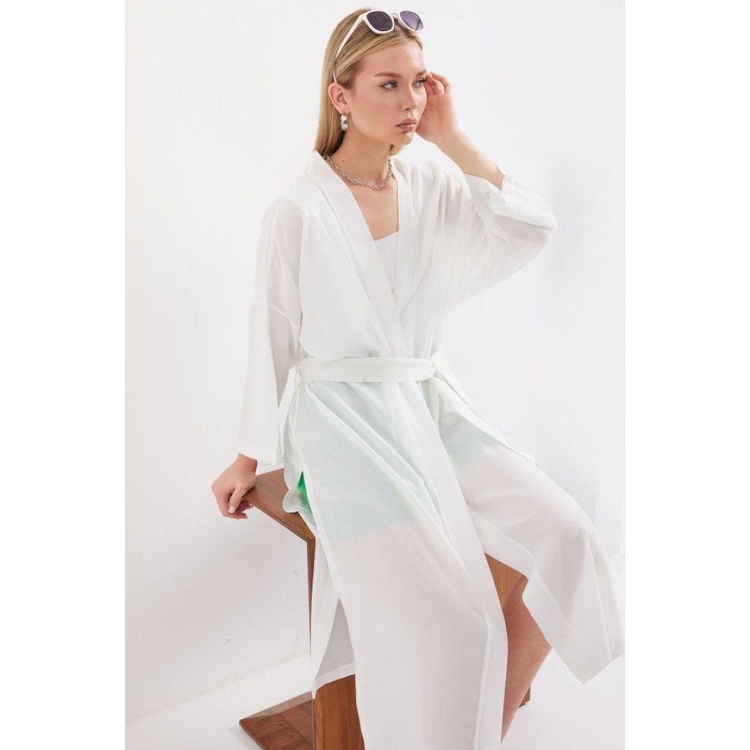 5835 Yırtmaçlı Yazlık Kimono - Beyaz - 145508 5835 Yırtmaçlı Yazlık Kimono - Beyaz - 145508