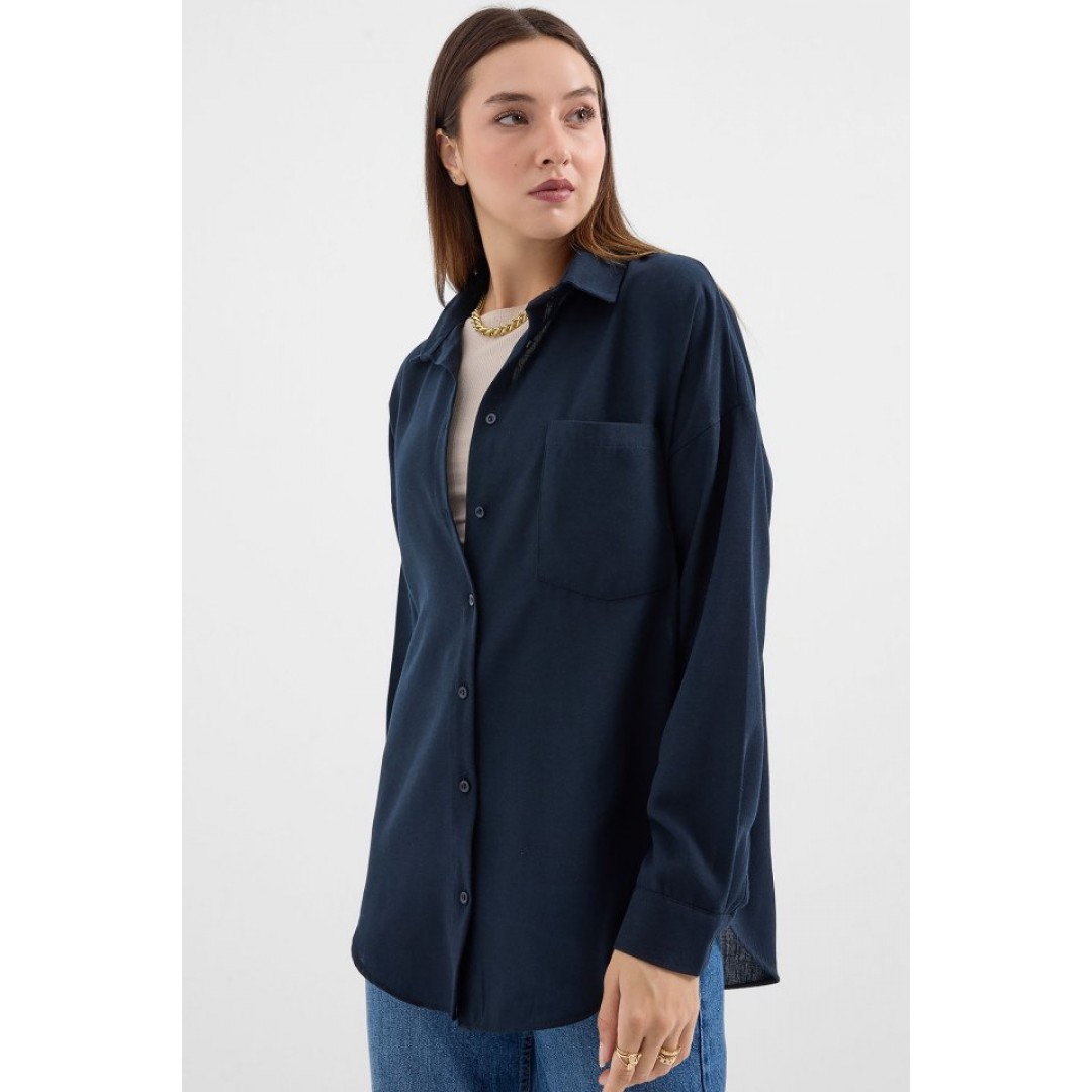 20153 Tek Cepli Oversize Keten Gömlek - Lacivert 145588 20153 Tek Cepli Oversize Keten Gömlek - Lacivert 145588