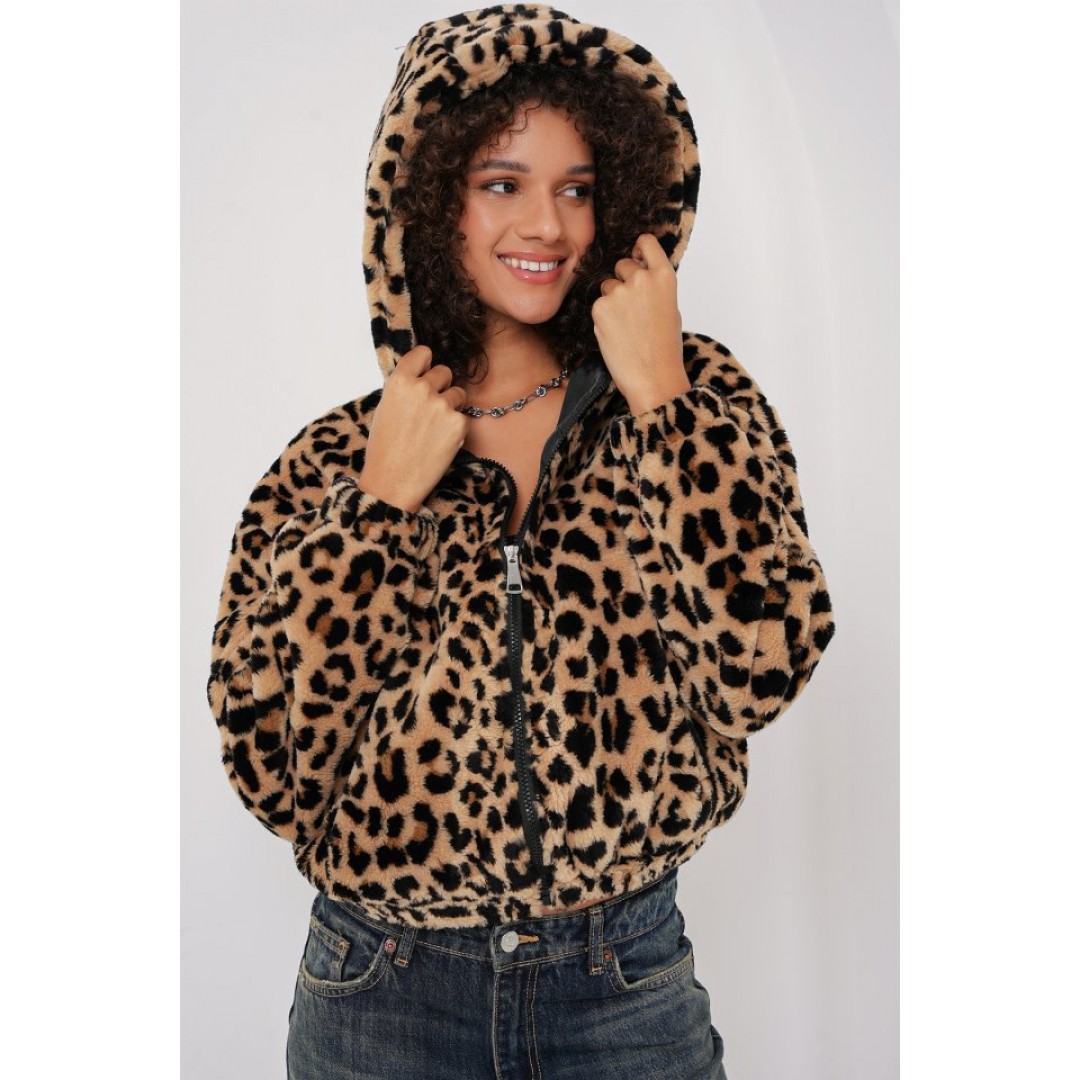 5193 Kapüşonlu Peluş Crop Ceket - C. Kahverengi 145661 5193 Kapüşonlu Peluş Crop Ceket - C. Kahverengi 145661