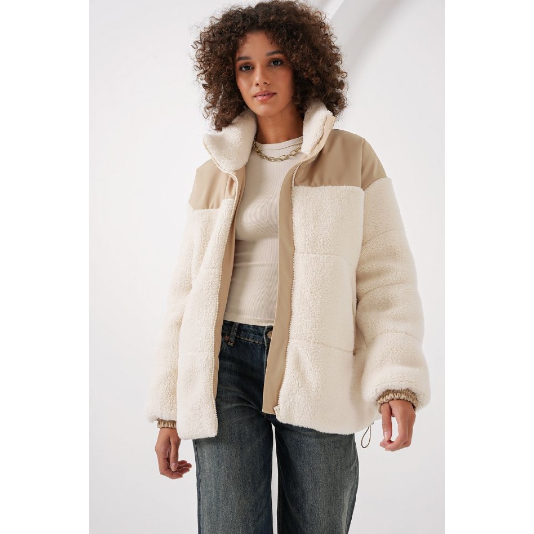 5196 Şişme Peluş Mont - Ekru