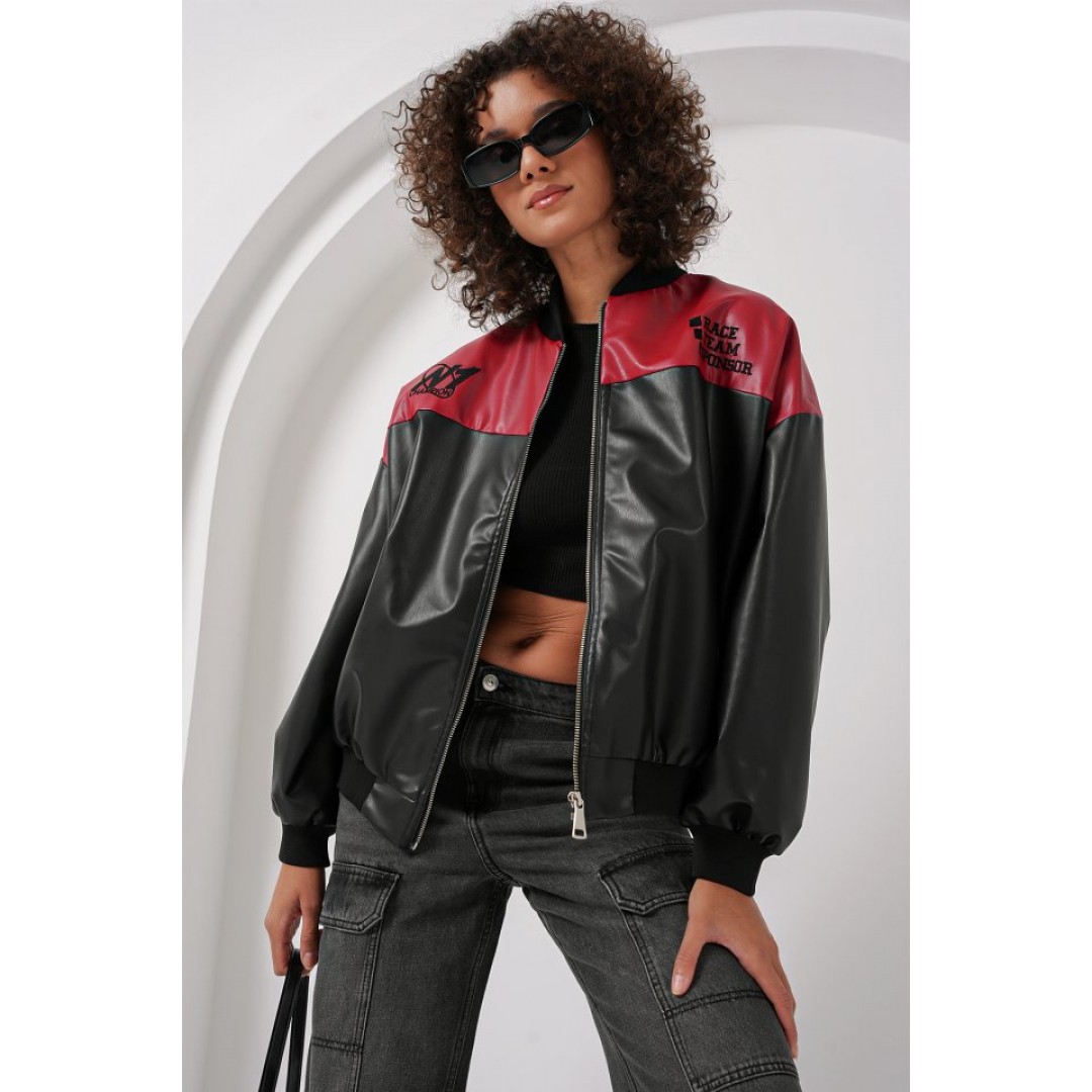 0698 Baskılı Suni Deri Bomber Ceket - Bordo