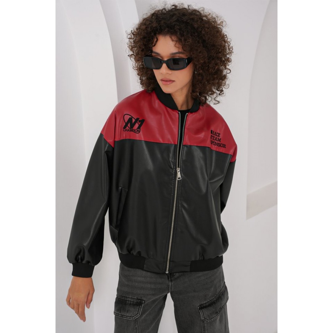 0698 Baskılı Suni Deri Bomber Ceket - Bordo 145666 0698 Baskılı Suni Deri Bomber Ceket - Bordo 145666